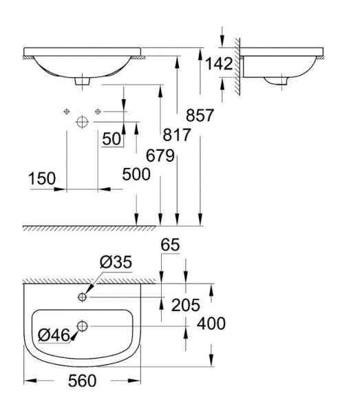 Grohe Bau 55 håndvask t/nedfældning - 1 hanehul