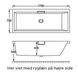 Strømberg Celsius badekar t/indbygning - 170 x 70 - Højre - 1 ryglæn