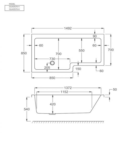 Strømberg Quantum Showerbath 1500x700/850 - Venstre