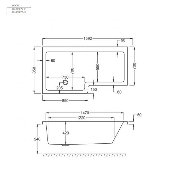 Strømberg Quantum Showerbath 1600x700/850 - Venstre