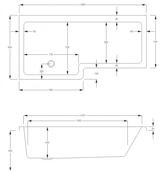 Strømberg Quantum badekar t/brus - 170 x 70/85 - Venstre - 1 ryglæn - m/Carronite