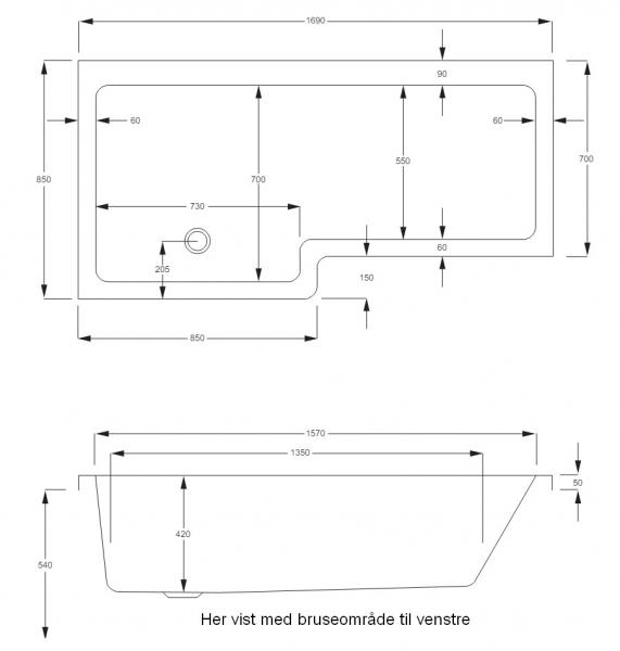 Strømberg Quantum badekar t/brus - 170 x 70/85 - Højre - 1 ryglæn - m/Carronite