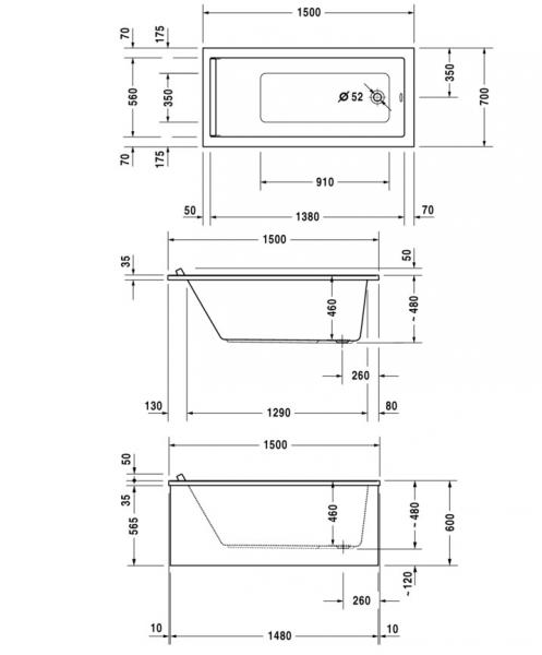 Duravit Starck badekar t/indbygning - 150 x 70 - 1 ryglæn