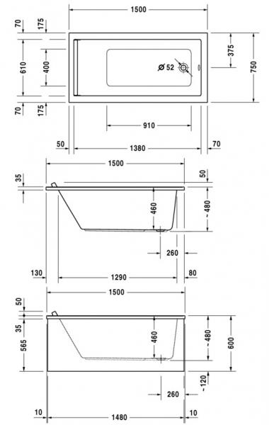 Duravit Starck badekar t/indbygning - 150 x 75 - 1 ryglæn