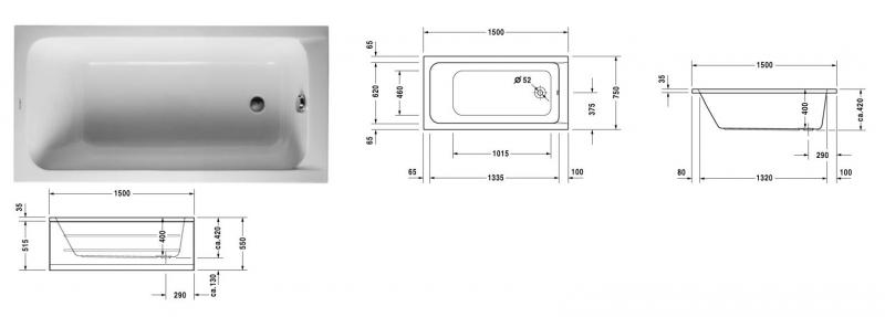 Duravit D-Code badekar t/indbygning - 150 x 75 - 1 ryglæn