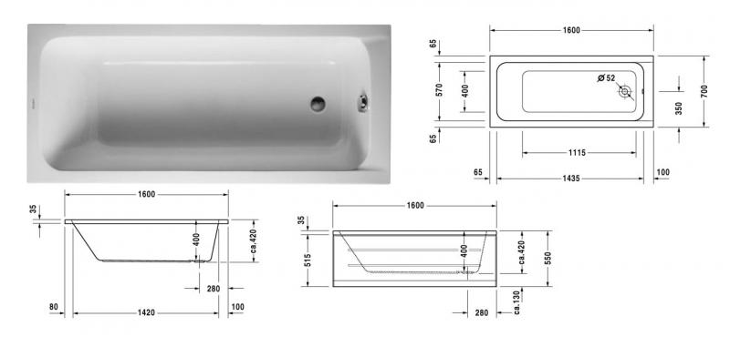 Duravit D-Code badekar t/indbygning - 160 x 70 - 1 ryglæn