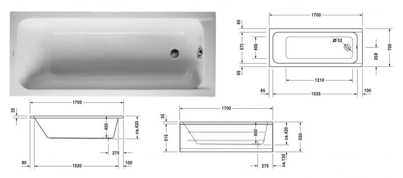 Duravit D-Code badekar t/indbygning - 170 x 70 - 1 ryglæn Duravit D-Code badekar t/indbygning - 170 x 70 - 1 ryglæn