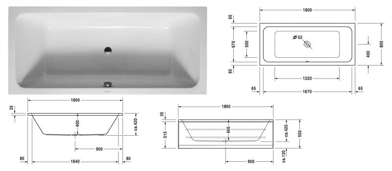 Duravit D-Code badekar t/indbygning - 180 x 80 - 2 ryglæn