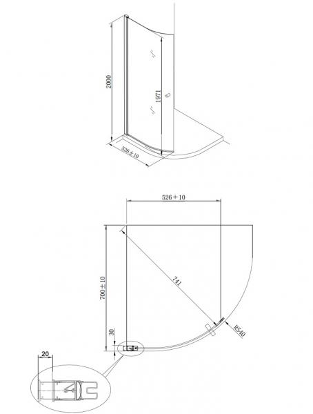 Alterna Vetro svingdør 69x200 Justerbar Aluprofil, 6mm Hærdet Klart Glas, EasyClean, Buet. 1 dør