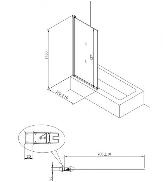 Alterna svingbar brusevæg til badekar 750x1400mm - Krom