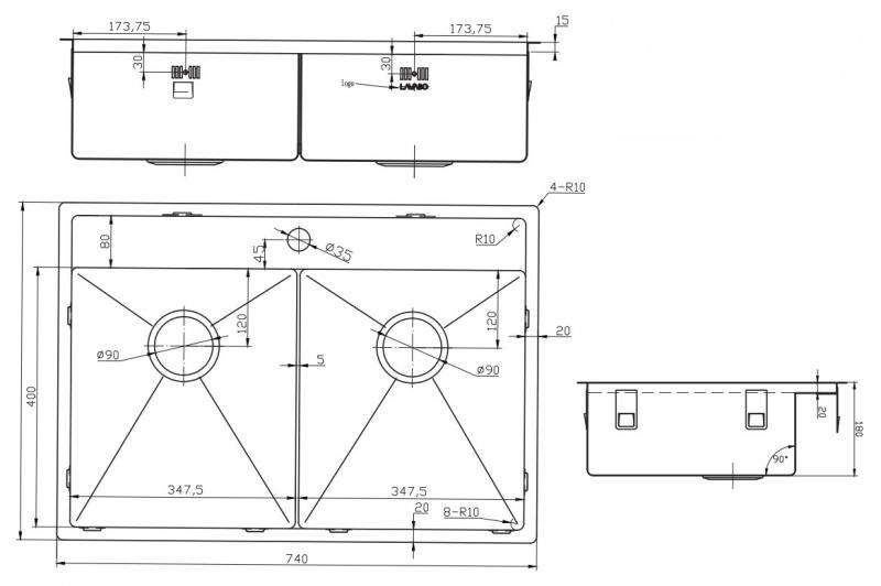 Lavabo Kubus 742 Soft Slim dobbelt køkkenvask