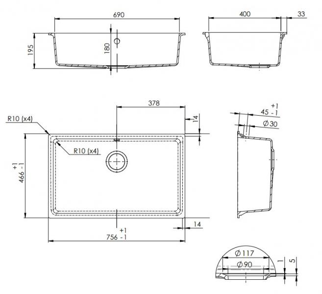 Lavabo Jupiter 80 kompositvask - Antracit-sort/messing