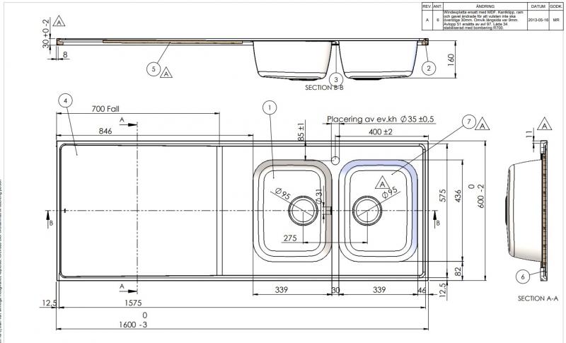Intra AH16-KV stålbordplade køkkenvask - Vendbar - Dobbelt - 160 cm