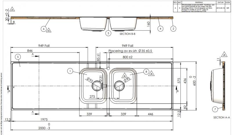 Intra AH20-KV stålbordplade køkkenvask - Vendbar - Dobbelt - 200 cm