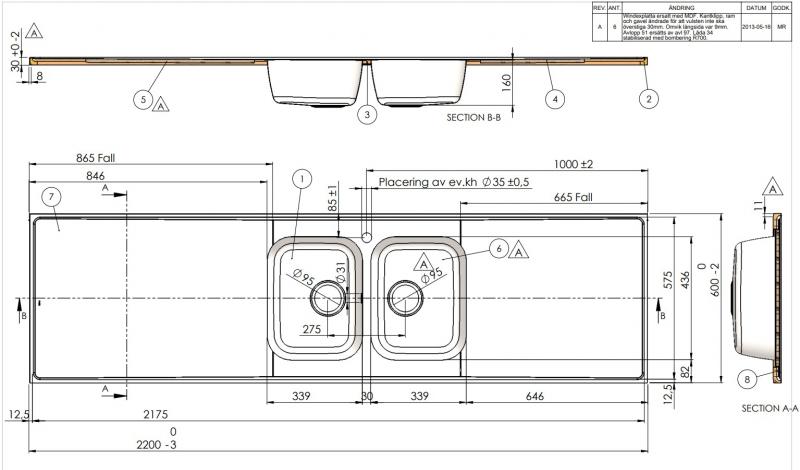 Intra AH22-KV stålbordplade køkkenvask - Vendbar - Dobbelt - 220 cm