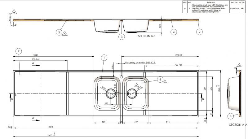 Intra AH24-KV stålbordplade køkkenvask - Vendbar - Dobbelt - 240 cm