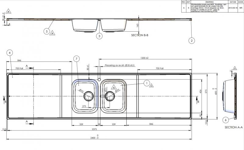 Intra AH24C-KV stålbordplade køkkenvask - Centreret - Dobbelt - 240 cm