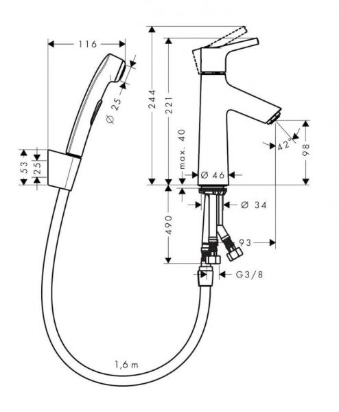 Hansgrohe Talis S håndvaskarmatur m/håndbruser og push-open bundventil