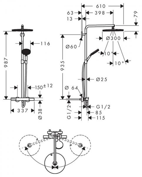hansgrohe Raindance Alive S Puro Showerpipe 300 1jet m/EcoSmart og termostat - Børstet sort krom