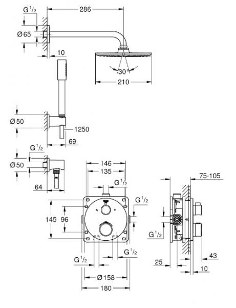 Grohe NEW Rainshower 210 komplet brusesystem til indbygning - Loft