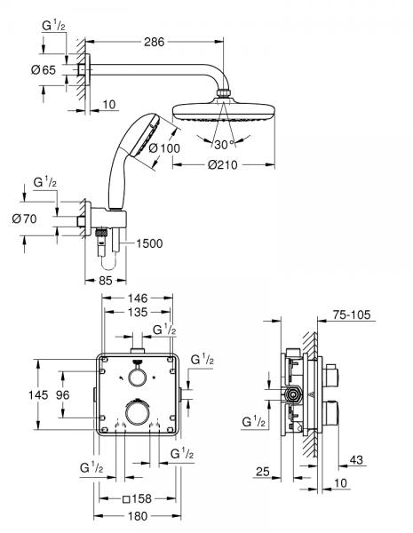 Grohe NEW Tempesta 210 komplet brusesystem til indbygning - firkantet