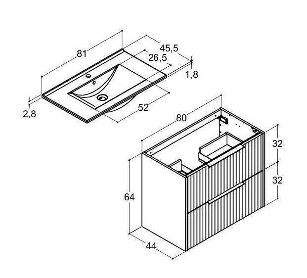 Dansani Mido+ Classic 81 møbelsæt m/Amber vask og 2 skuffer - Striber/mat hvid Dansani Mido+ Classic 81 møbelsæt m/Amber vask og 2 skuffer - Striber/mat hvid
