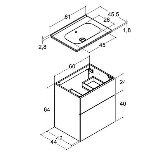 Dansani Luna 61 møbelsæt m/Kantate vask, høj skuffe og indretning - Varm eg Dansani Luna 61 møbelsæt m/Kantate vask, høj skuffe og indretning - Varm eg