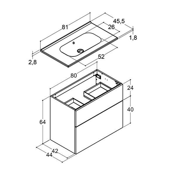 Dansani Luna 81 møbelsæt m/Kantate vask, høj skuffe og indretning - Hvid mat