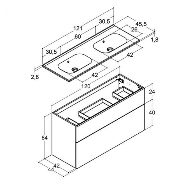 Dansani Luna 121 m&oslash;bels&aelig;t m/dobbelt Kantate vask, h&oslash;j skuffe og indretning - Gr&aring; mat