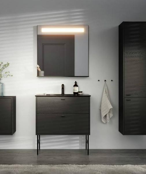 Gustavsberg spejl m/LED lys, aftagelig hylde og mat sort ramme - 80 cm