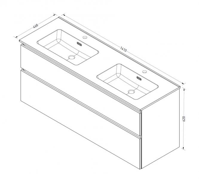 Sanibell Proline 140 m&oslash;bels&aelig;t m/asymmetriske skuffer og dobbeltvask - Mat hvid
