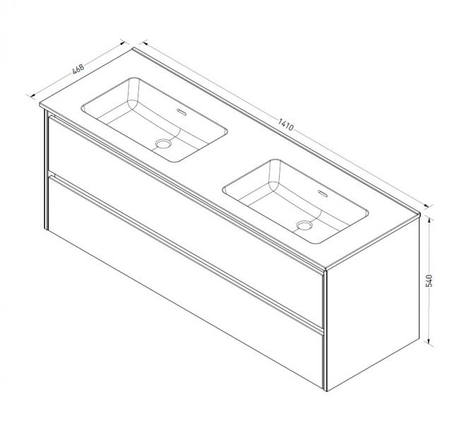 Sanibell Proline 140 m&oslash;bels&aelig;t m/2 skuffer og dobbeltvask - Uden hanehul - Ideal eg
