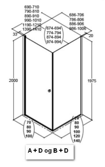 Dansani Match B+D 100x90 brusehjørne - Klar glas/mat sort