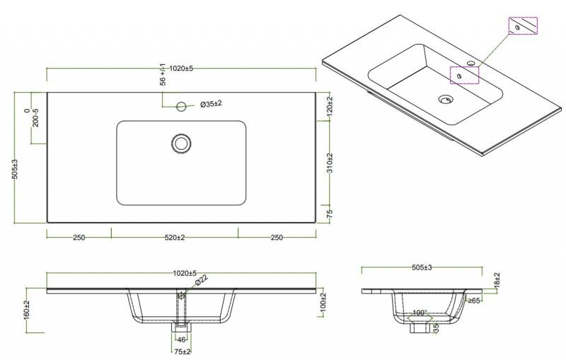 Cass&oslash;e m&oslash;belvask - 102,5 x 50,5 cm - 1 hanehul
