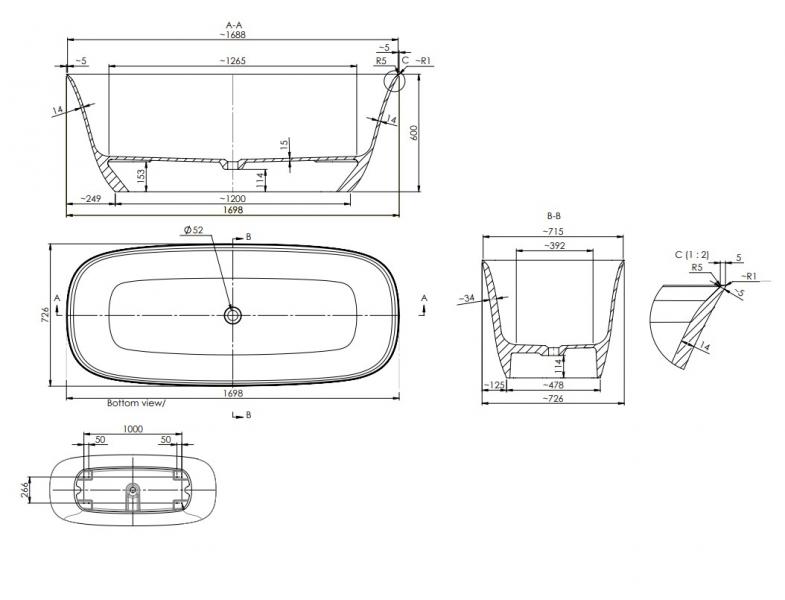 Strømberg Vadum fritstående badekar 1700 x 750 mm - Mat hvid