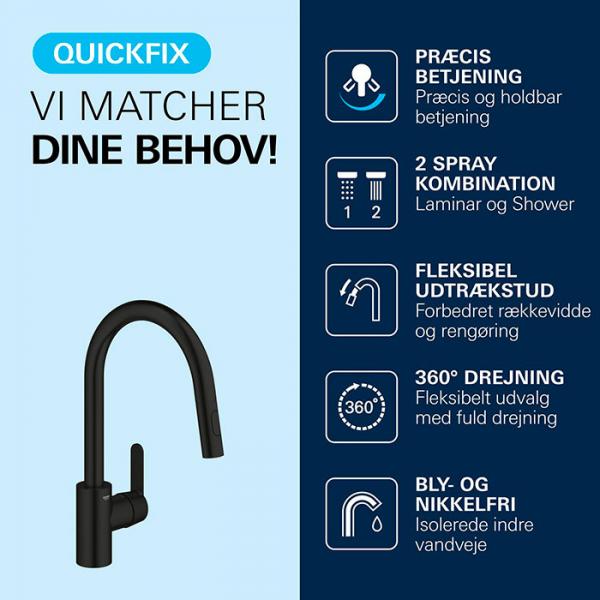 Grohe Get k&oslash;kkenarmatur m/udtr&aelig;k og Dual Spray - Mat sort