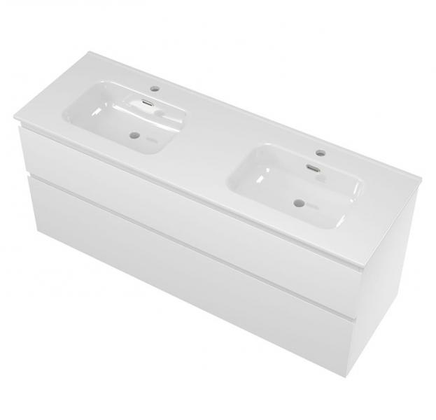 Sanibell Proline 140 m&oslash;bels&aelig;t m/asymmetriske skuffer og dobbeltvask - Mat hvid