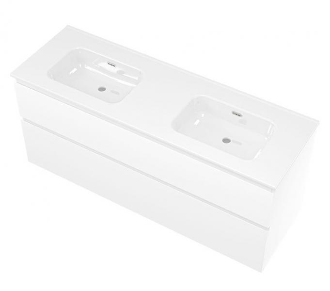 Sanibell Proline 140 m&oslash;bels&aelig;t m/2 asymmetriske skuffer og dobbeltvask - Uden hanehul - Mat hvid