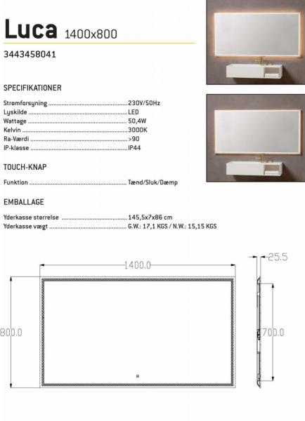 Luca firkantet spejl m/integreret LED lys, backlight og touch - 140 cm