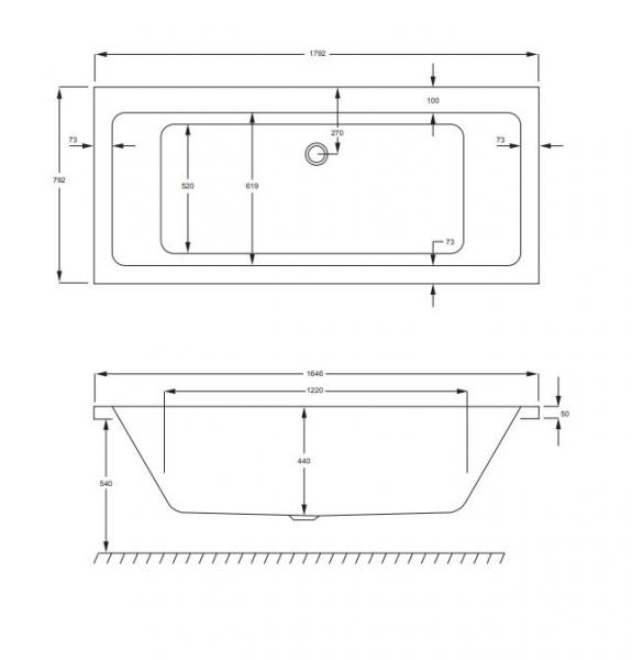Strømberg Quantum badekar t/indbygning - 180 x 80 - 2 ryglæn - m/Carronite