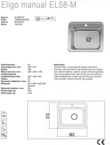 Outlet - Intra Eligo manual EL58-M køkkenvask - Rustfrit stål - 1 stk. tilbage