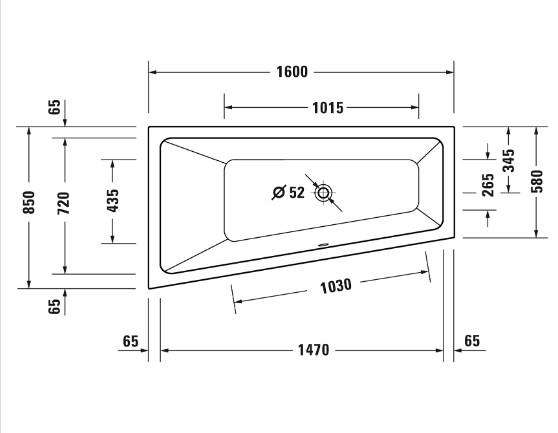 Duravit No.1 asymmetrisk badekar til indmuring 1600 x 850 mm - Venstre
