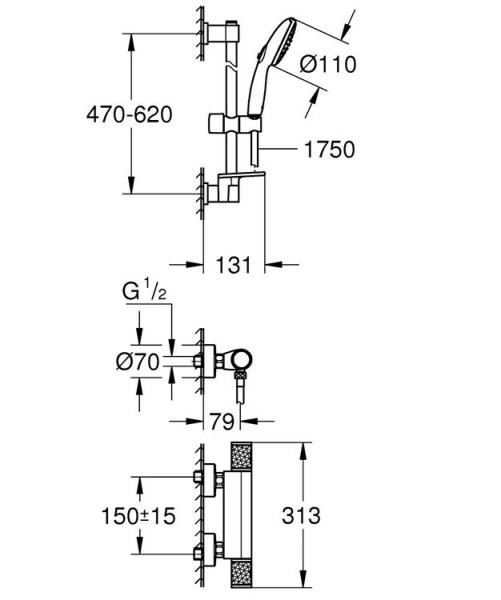 Grohe Precision Feel komplet brusesystem m/termostat og håndbruser