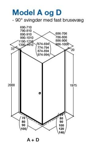 Dansani Match A+D 80x90 brusehjørne - Klar glas/mat sort