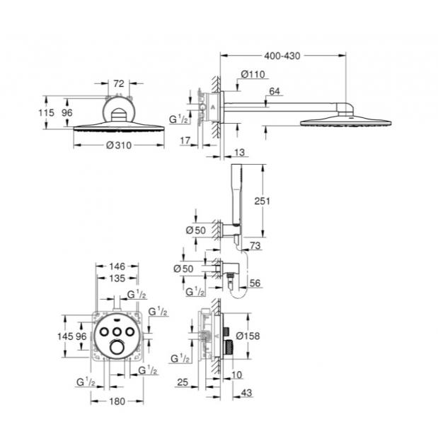 Grohe SmartControl 310 komplet brusesystem til indbygning - Mat sort